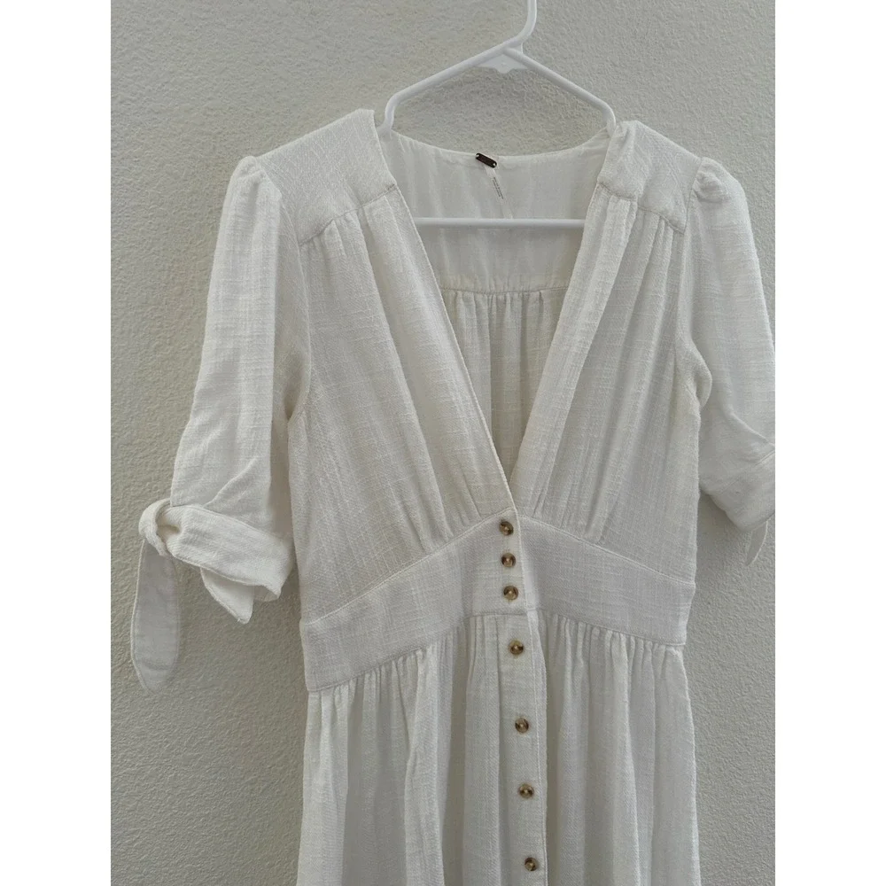 Free People White Cotton V-Neck Button Front Midi Dress Coquette Boho Small